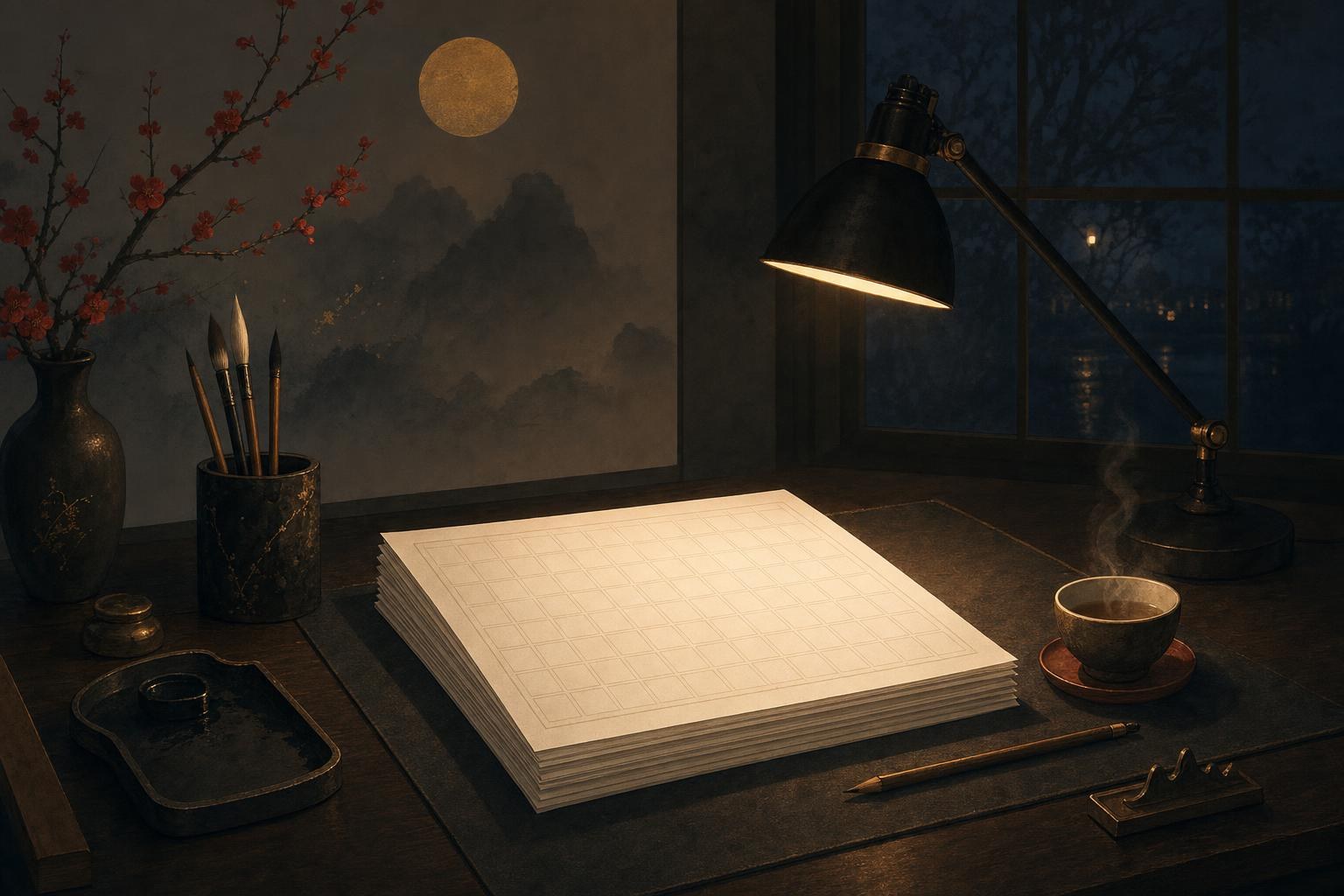 A stack of freshly printed grid worksheets glowing under a desk lamp beside a teacup, a Chinese character practice sheet ready to use