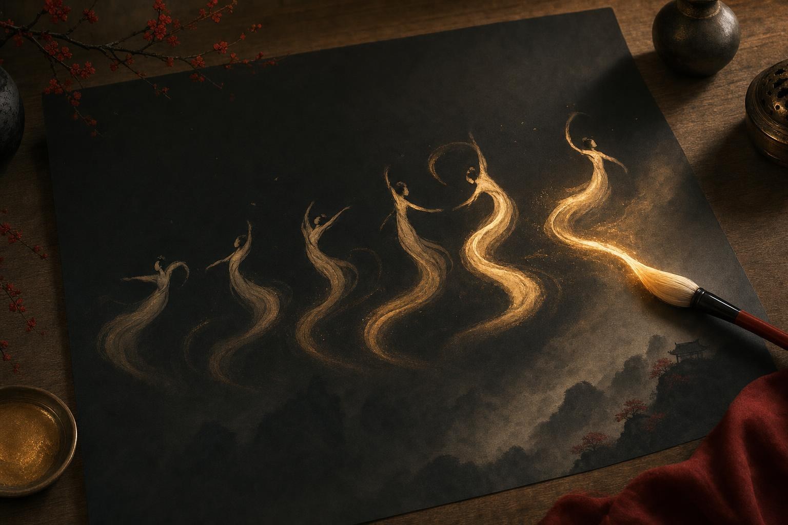 Numbered trails of golden light tracing an abstract brush pattern in sequence over dark paper, learning Chinese character stroke order