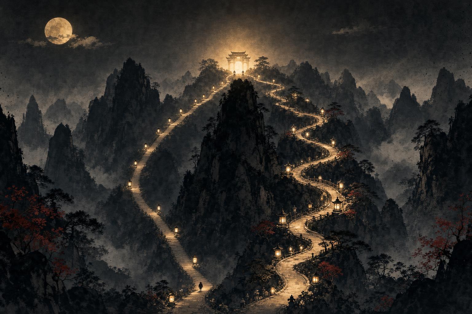 Two lantern-lit paths diverging around a mountain and rejoining at one gate, choosing between simplified and traditional Chinese characters