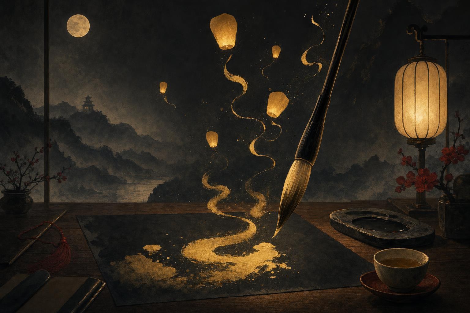 A glowing ink brush hovering over dark paper with luminous abstract strokes rising like lanterns, the world of Chinese characters