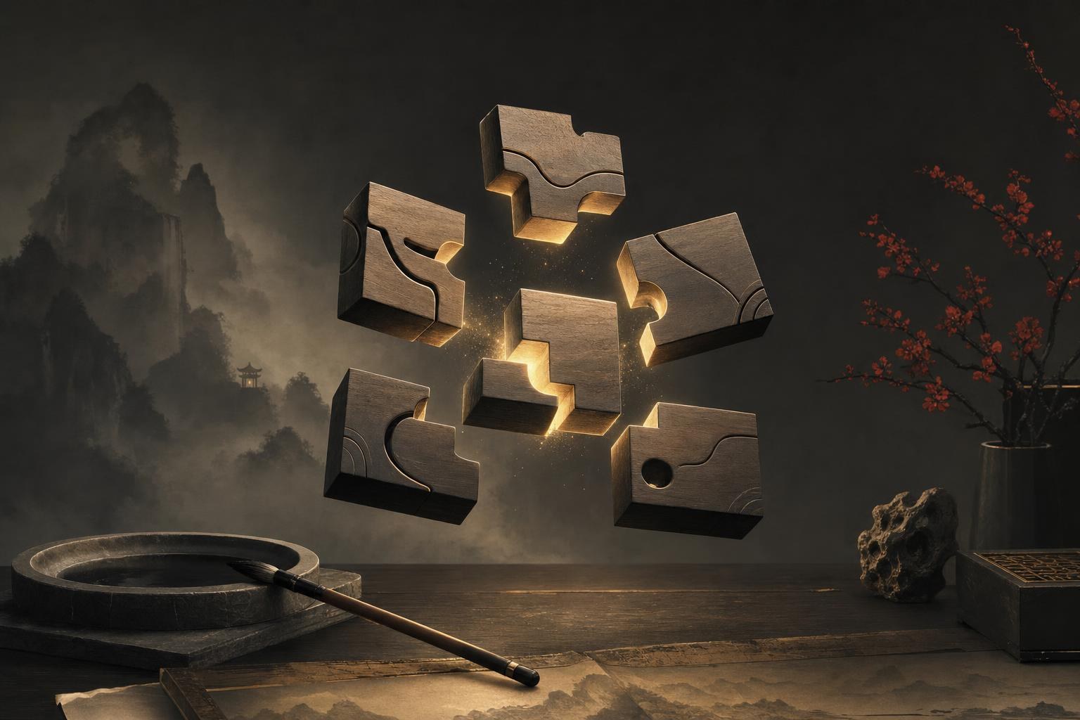 Glowing golden puzzle pieces of carved wood assembling in the air above an ink stone, Chinese radicals forming a character