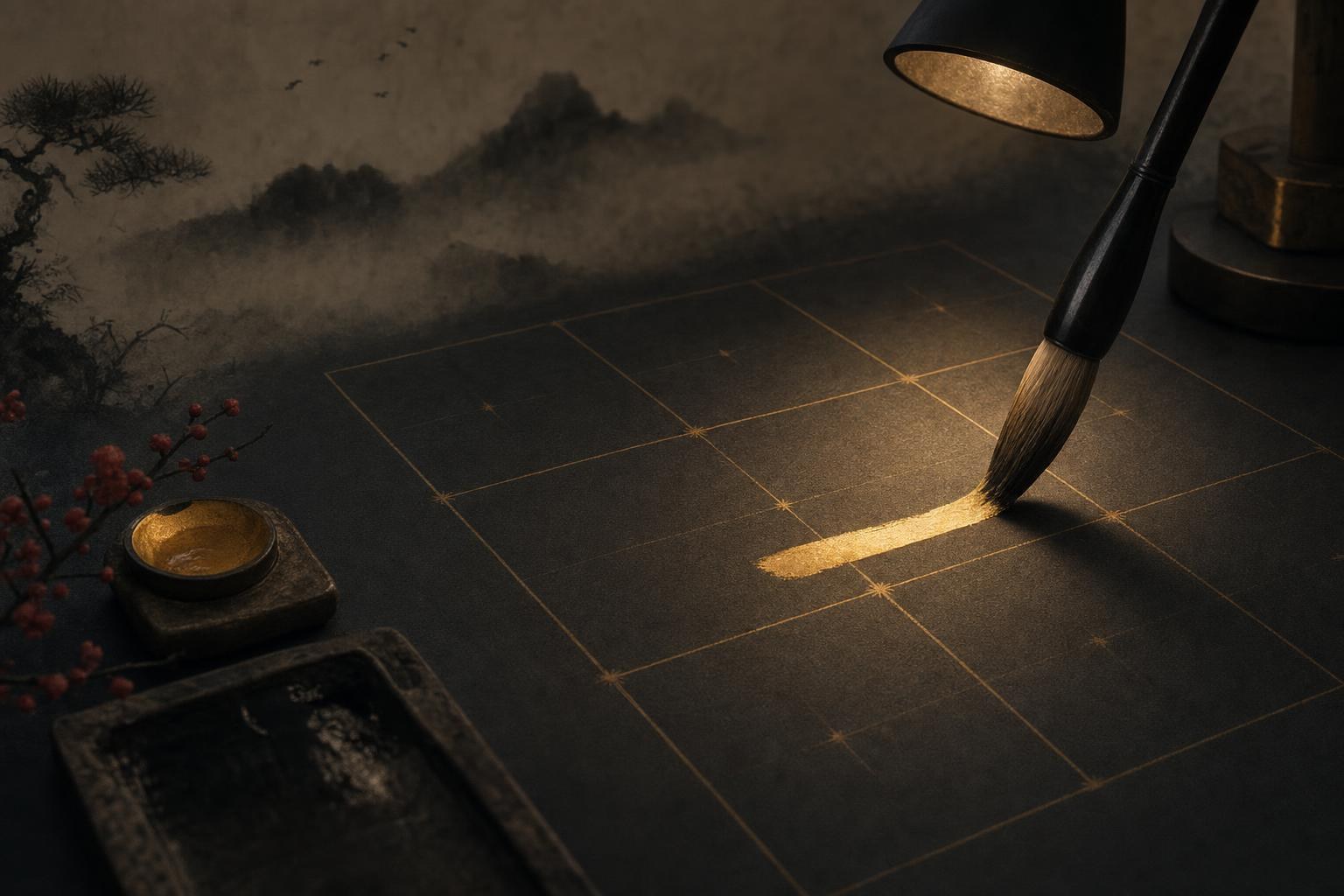 A hand-held brush laying a glowing stroke inside a lantern-lit square grid on dark paper, learning to draw Chinese characters