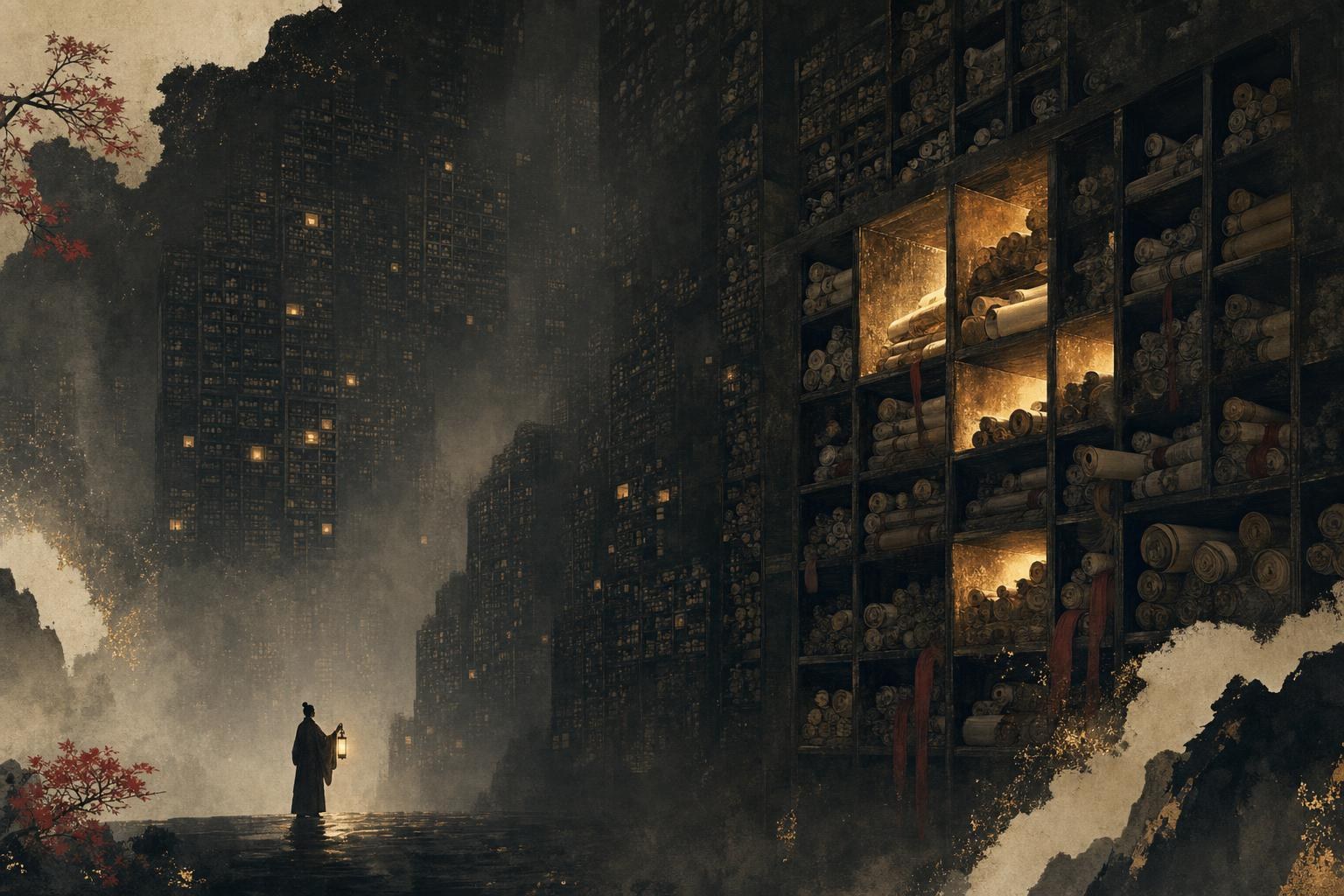 An endless library of glowing scroll pigeonholes fading into darkness, counting how many Chinese characters there are