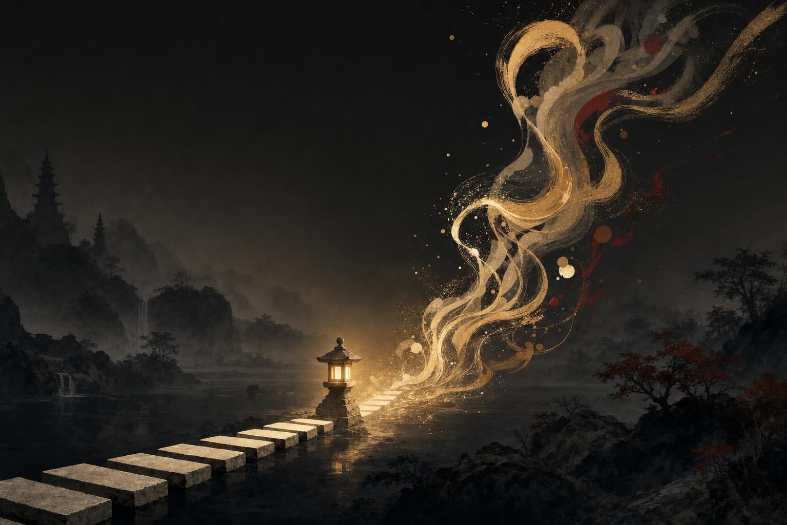 A row of Western letter tiles dissolving into glowing abstract brushstrokes across a night sky, answering whether there is a Chinese alphabet