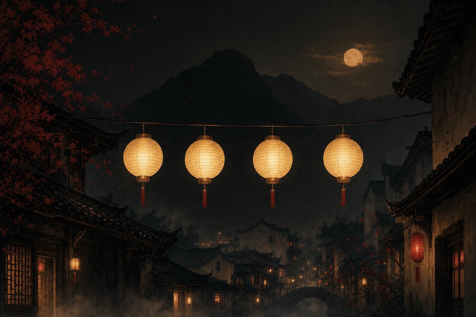 Four round paper lanterns in a row above a misty night street, the four-beat rhythm of a chengyu