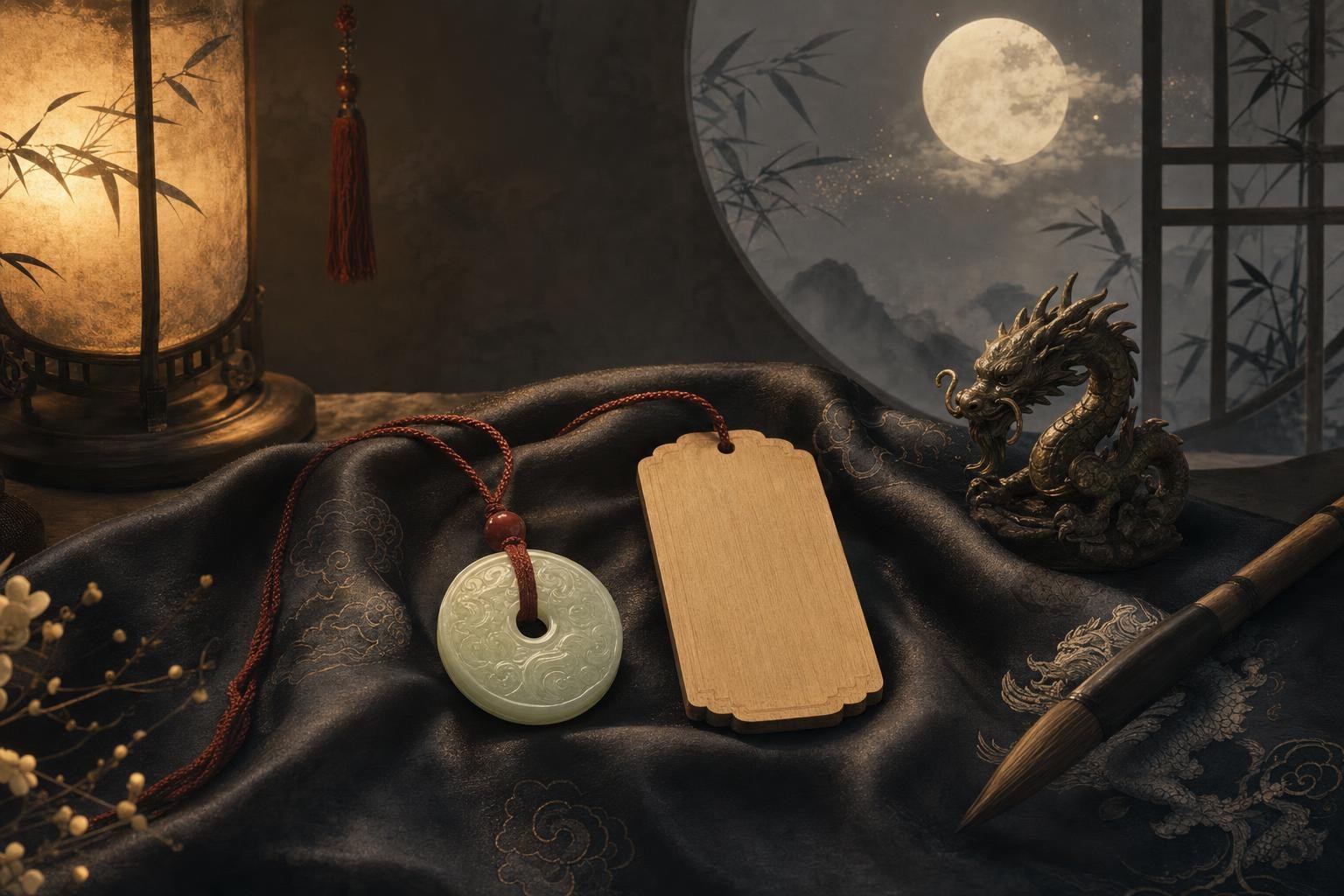 A jade pendant on red cord beside a blank wooden charm under moonlight, choosing chinese boy names