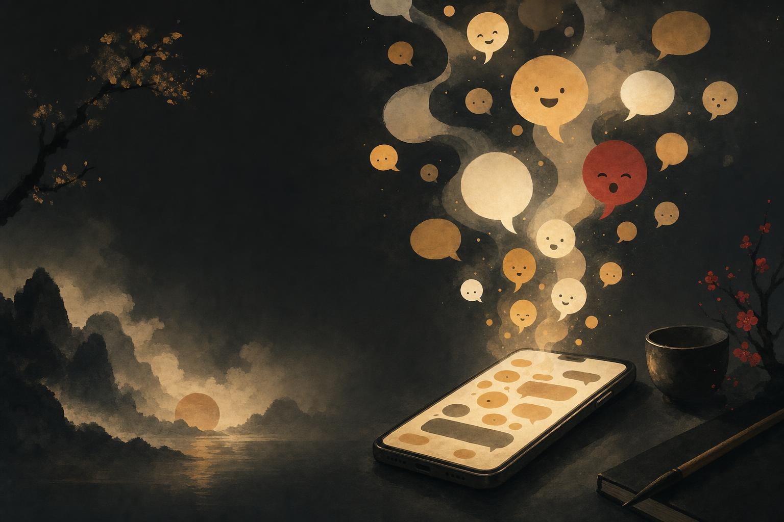Chinese emojis floating above a phone screen as glowing amber speech bubbles and round faces in a dark chat interface