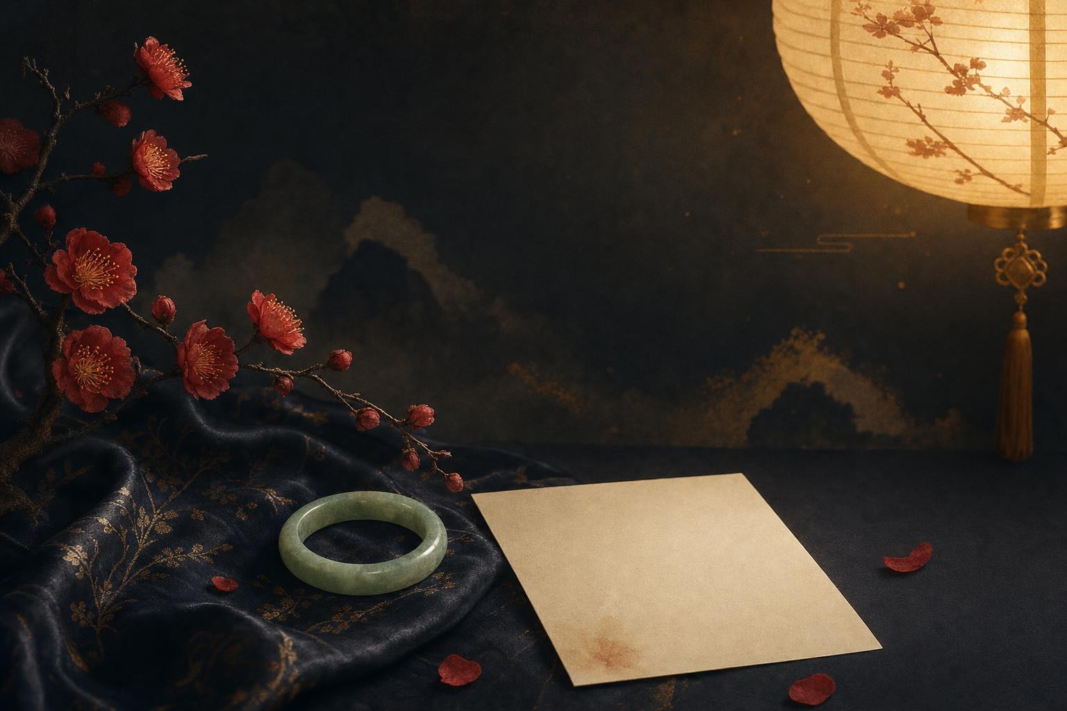 Plum blossoms and a jade bracelet beside a blank name card in lantern light, choosing chinese girl names