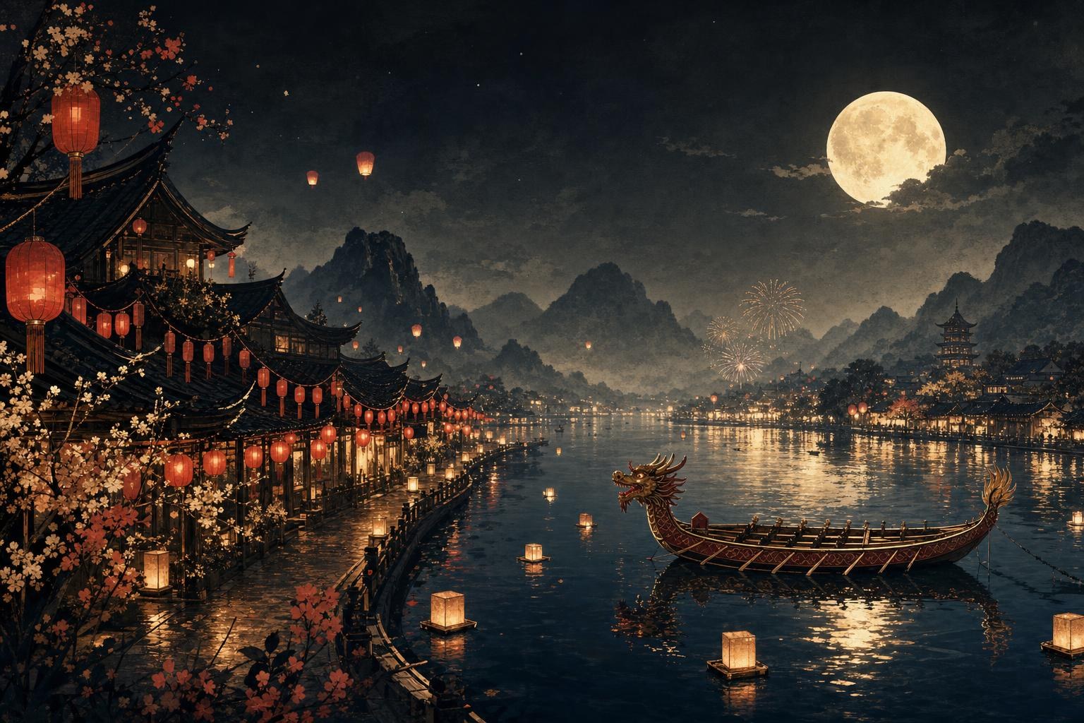 A festival street at night with lanterns, a dragon boat, and a full moon over rooftops, a year of chinese holidays