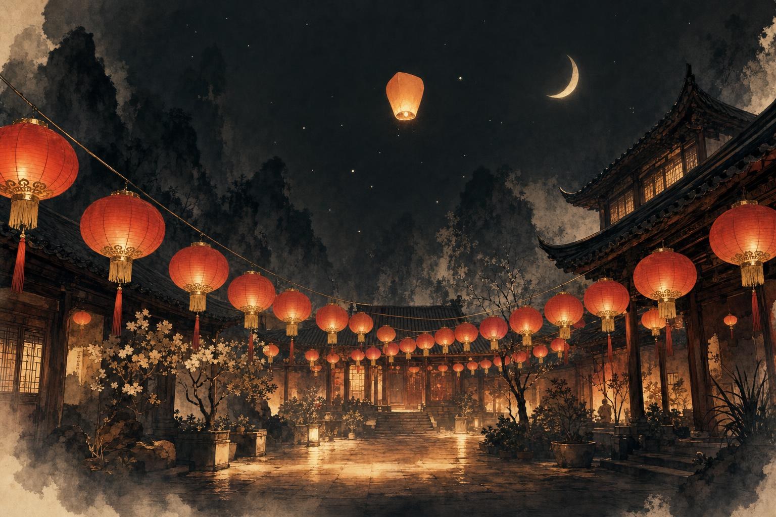 Red chinese lantern globes strung across a night courtyard with one sky lantern rising toward the moon