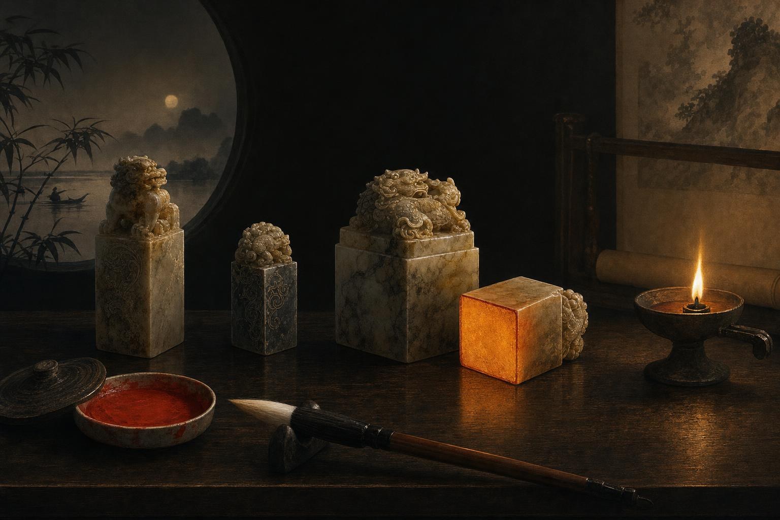 Blank stone name seals and a calligraphy brush on a dark scholar's desk, the building blocks of chinese names