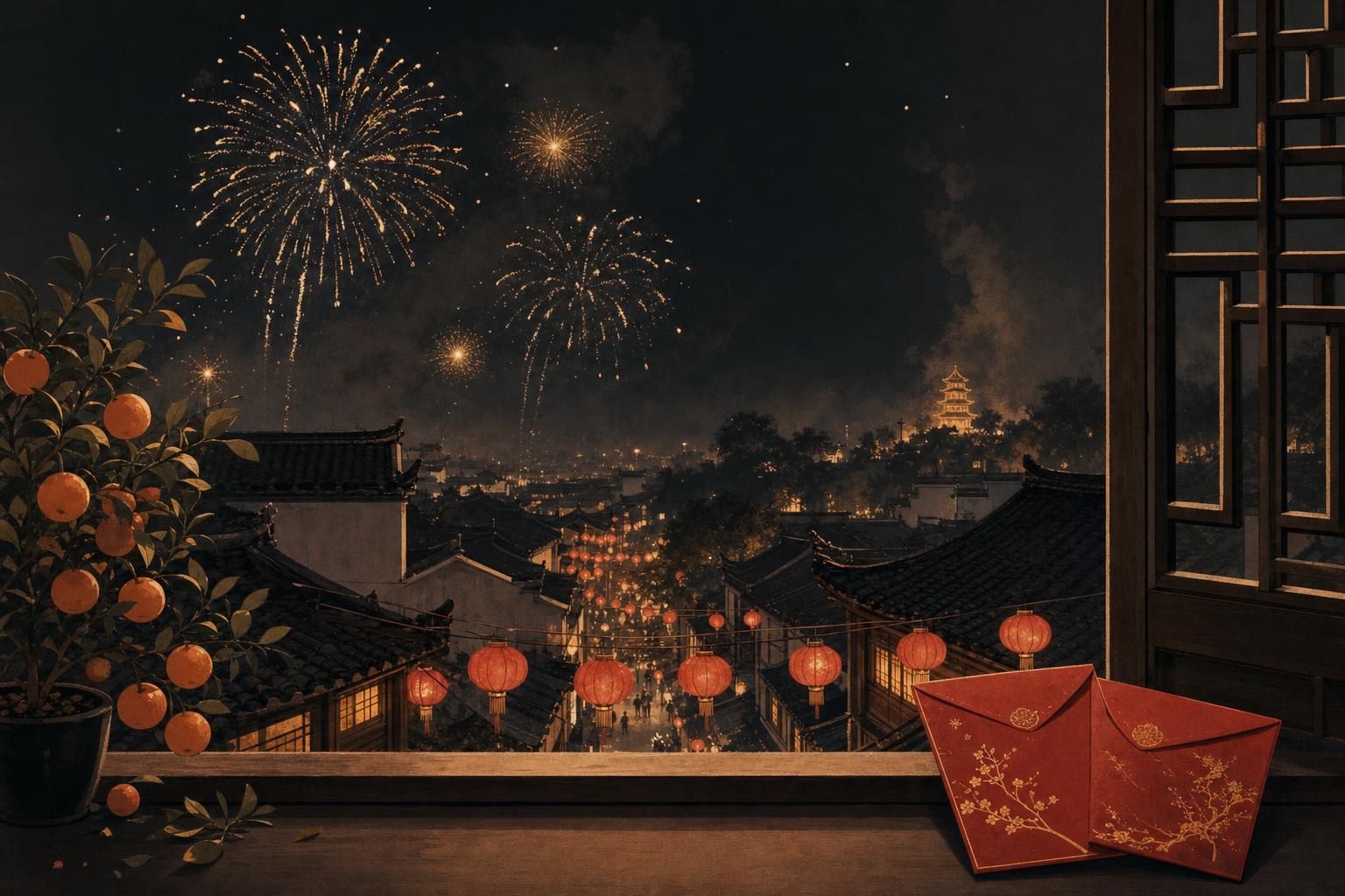 Chinese new year night scene with red lanterns, fireworks bursting over rooftops and a pair of red envelopes on a windowsill