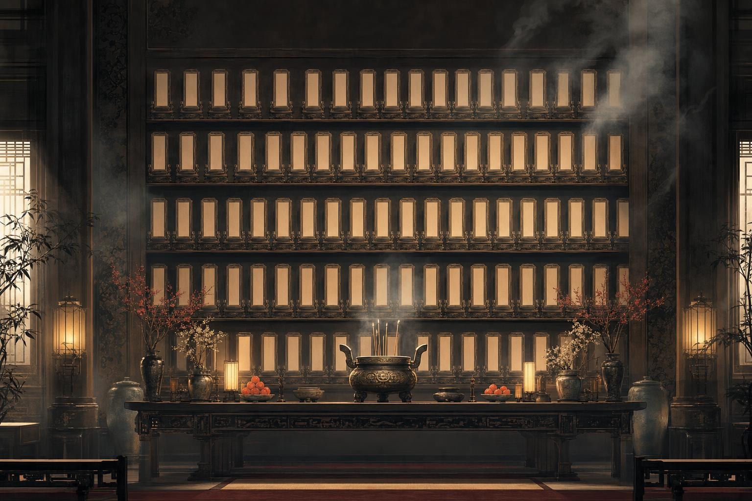 A wall of blank wooden clan plaques under lantern light in an ancestral hall, generations of chinese surnames