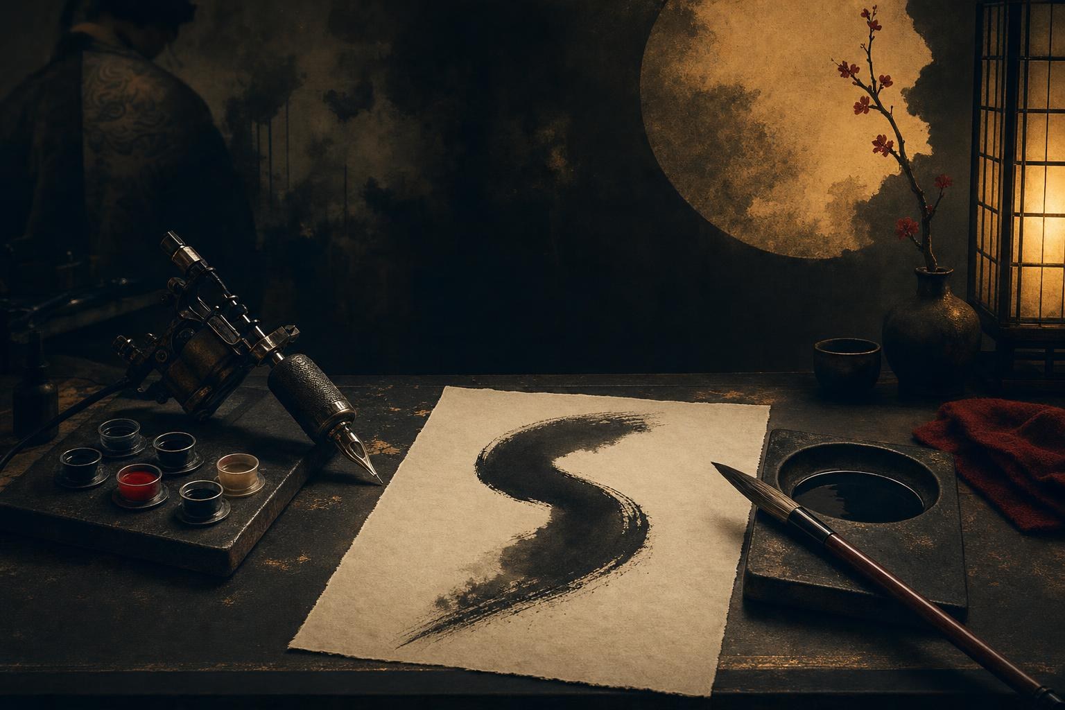 A tattoo artist's tools beside a brush and inkstone, a bold single ink stroke on rice paper, chinese tattoo words concept