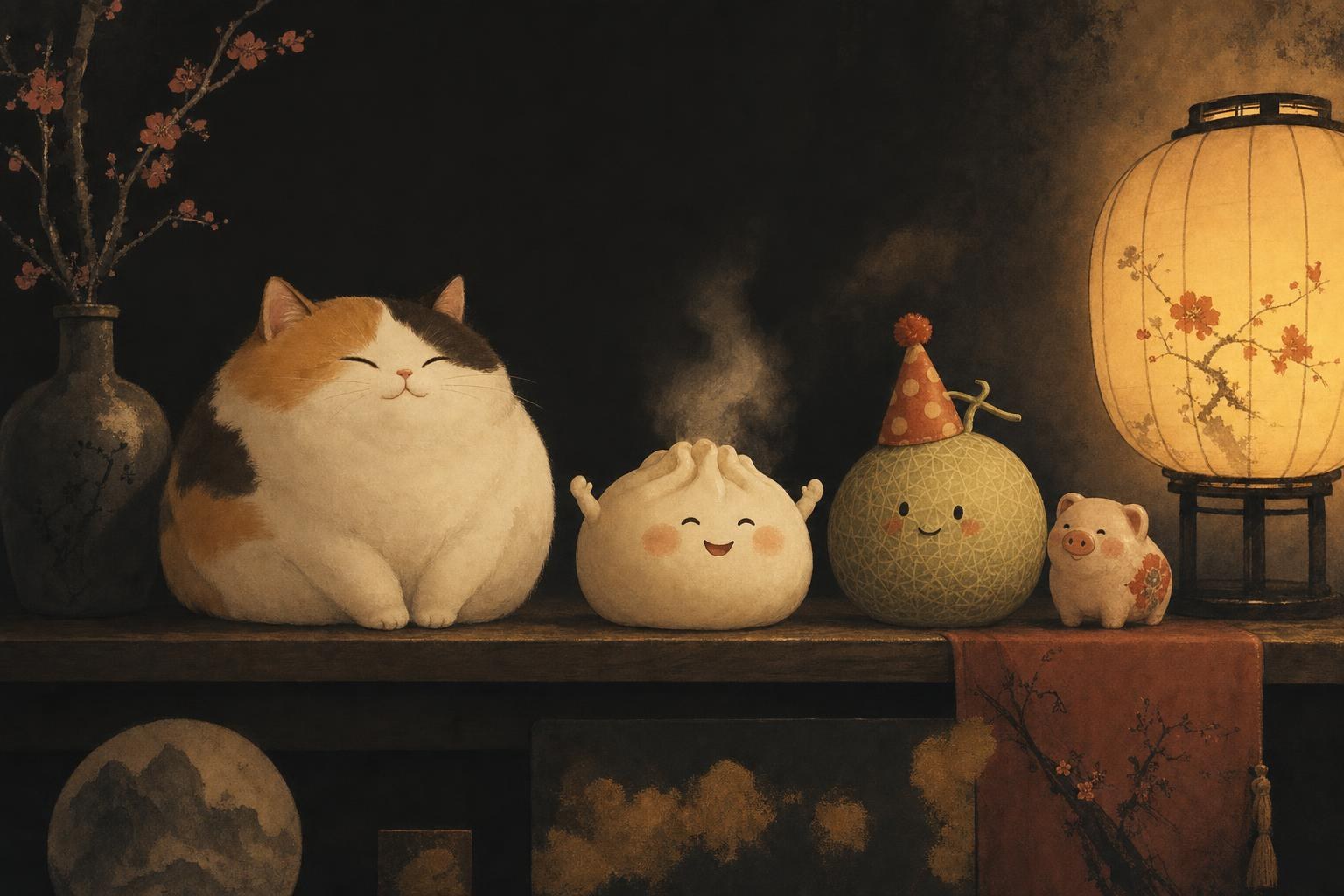 Funny chinese nicknames illustrated by a chubby cat, a little dumpling and a melon wearing a paper hat, glowing in lamplight