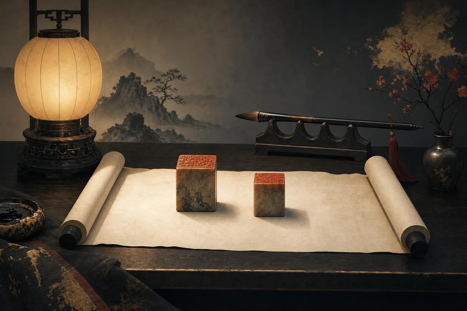 Two carved seals placed in order on an unrolled scroll, showing how chinese names work with family name first
