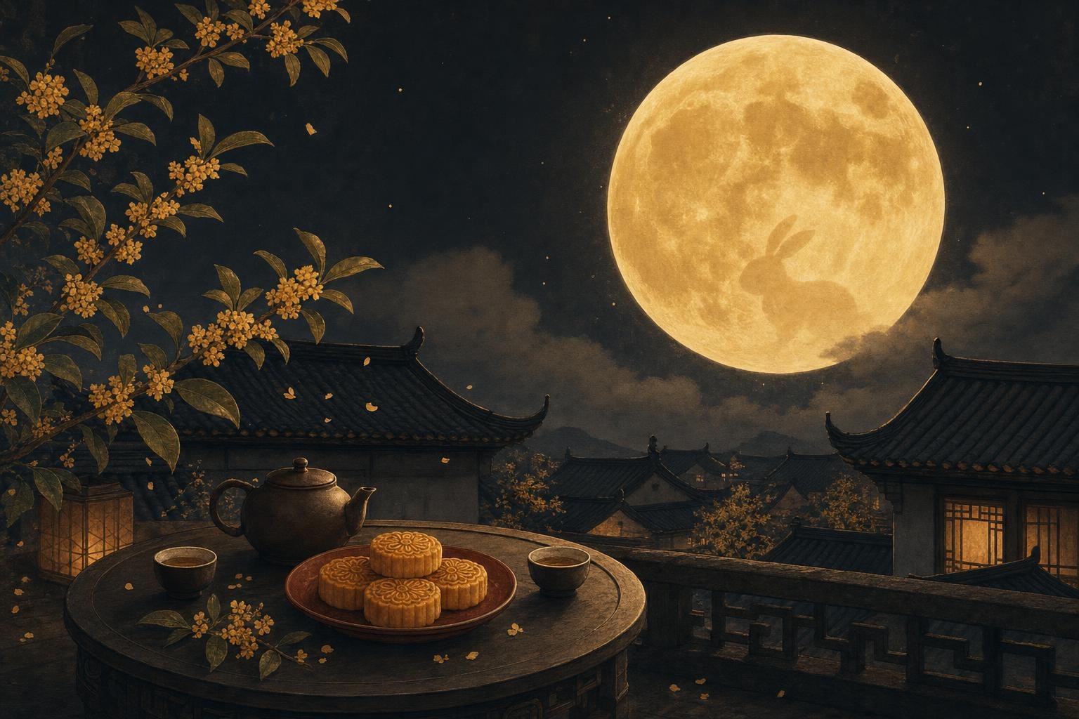 A full harvest moon over tiled rooftops with mooncakes and tea set out below, the mid-autumn festival night