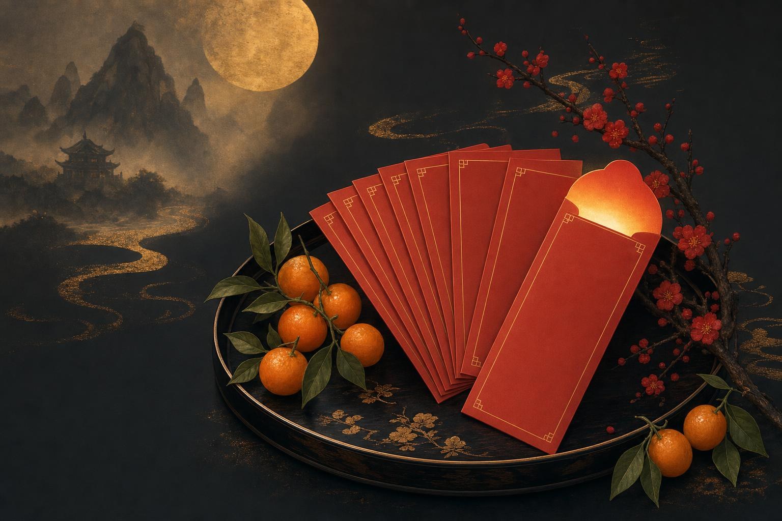 Blank red envelopes with gold trim fanned beside kumquats and plum blossoms, the red envelope chinese new year tradition
