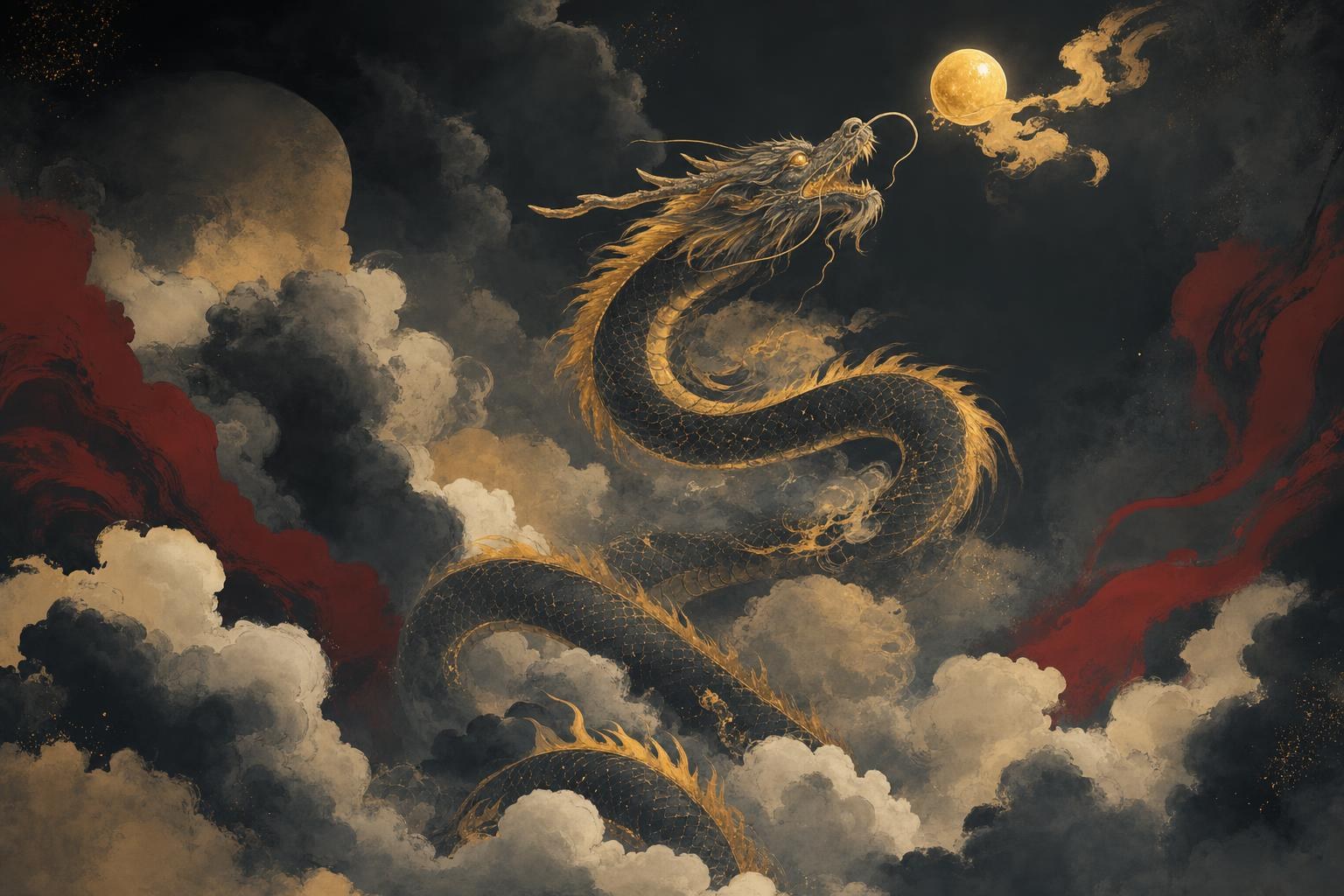 1964 chinese zodiac: ink-wash illustration of the wood dragon
