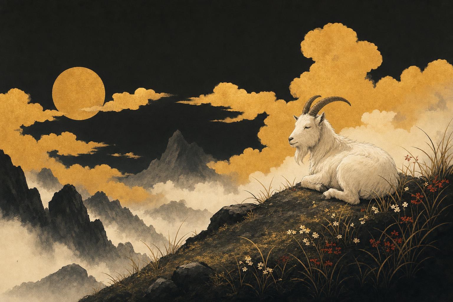 year of the goat in the chinese zodiac: ink-wash goat illustration