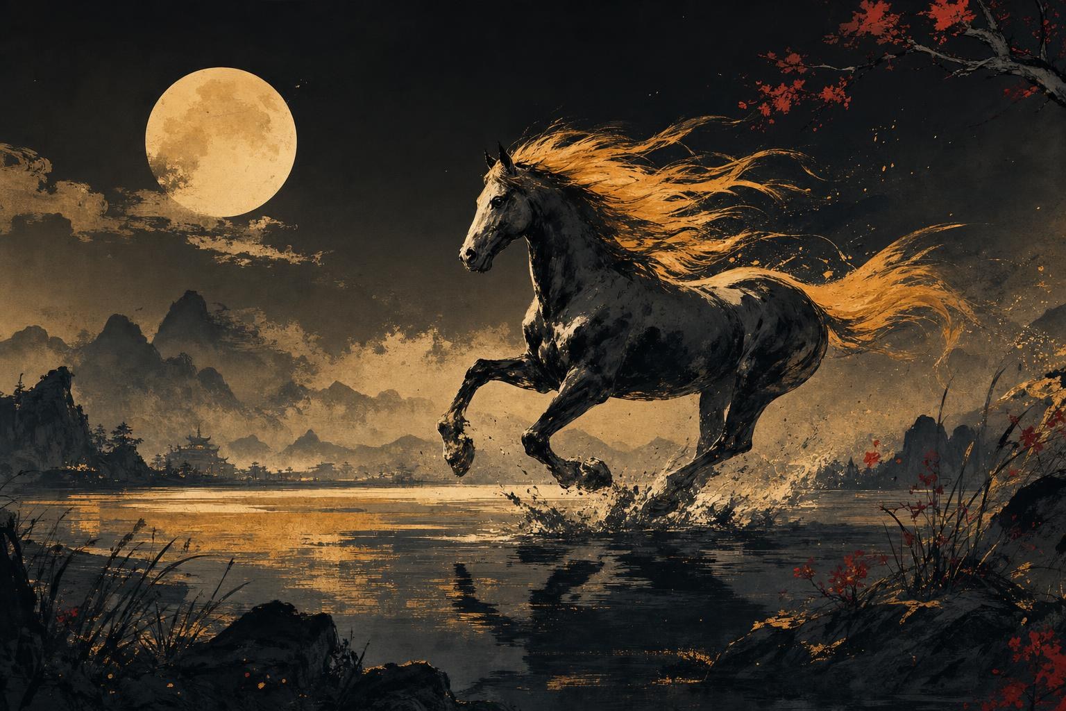 year of the horse in the chinese zodiac: ink-wash horse illustration