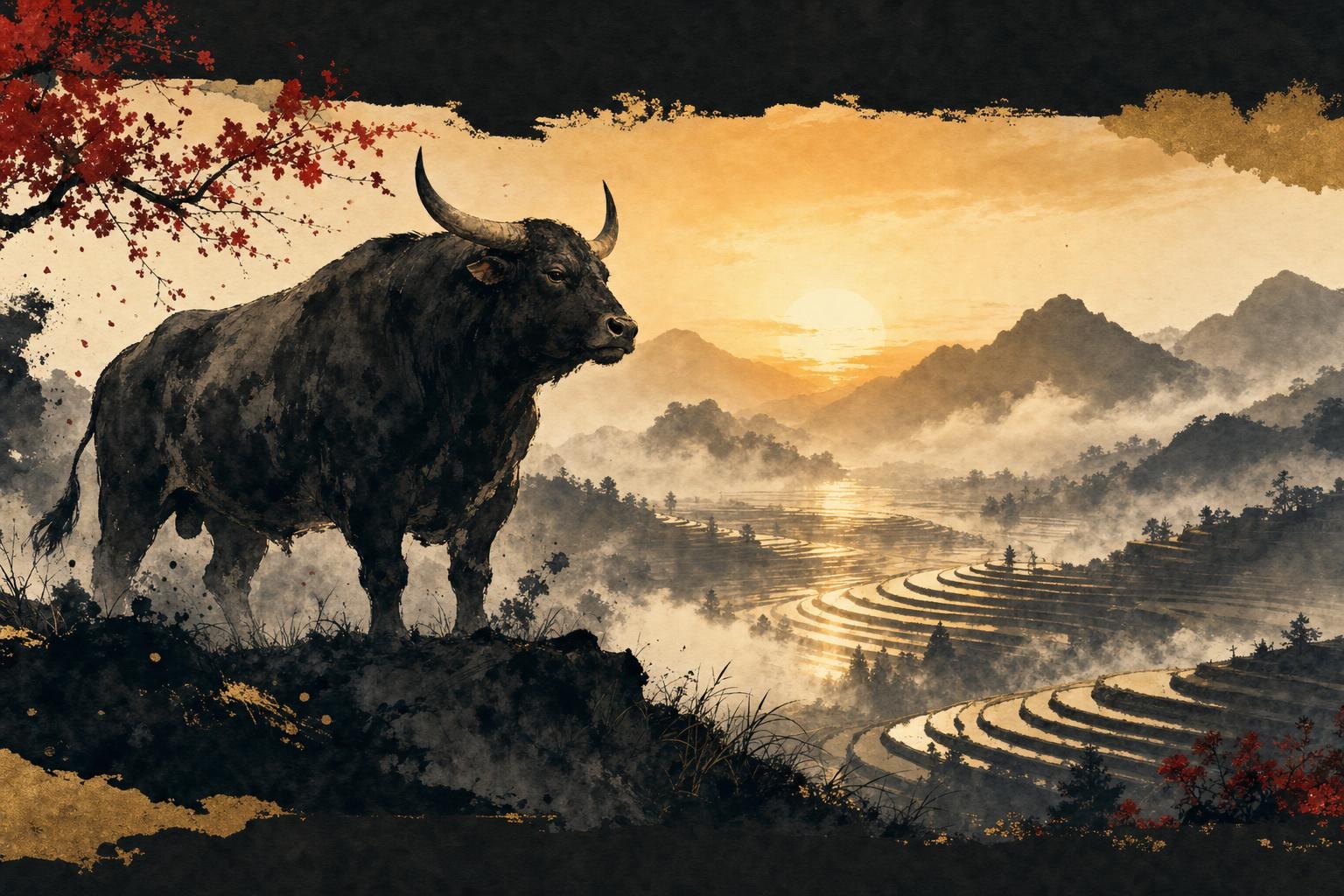 1961 chinese zodiac: ink-wash illustration of the metal ox