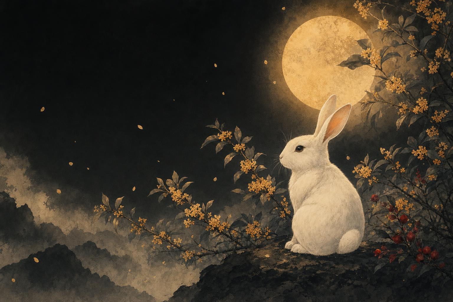 1963 chinese zodiac: ink-wash illustration of the water rabbit