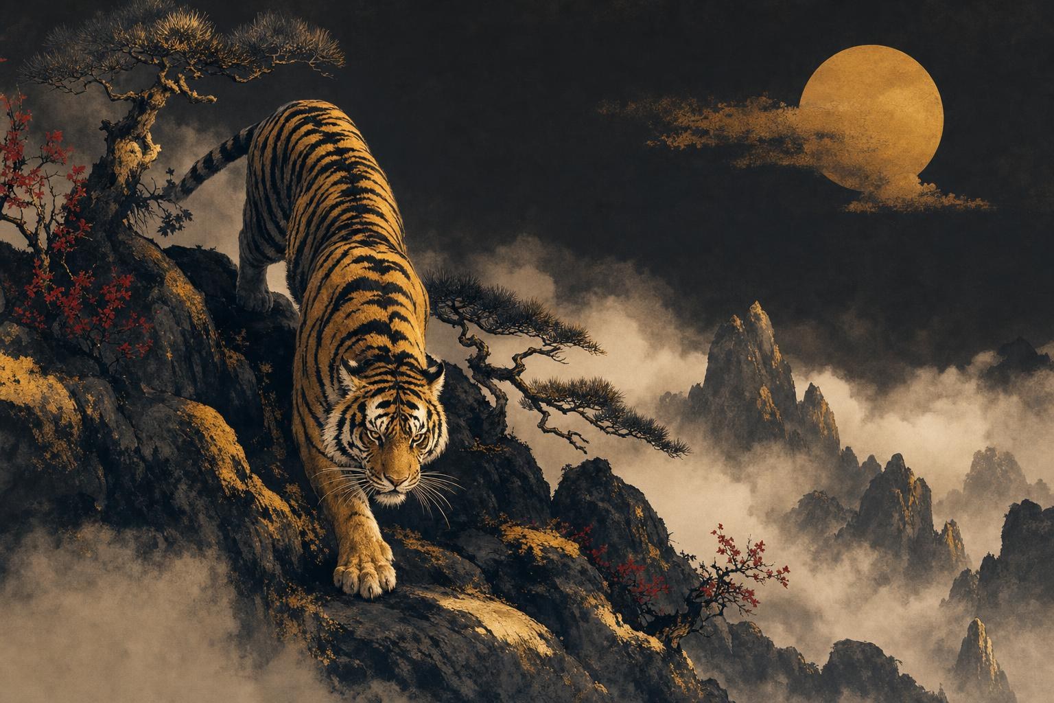 1962 chinese zodiac: ink-wash illustration of the water tiger