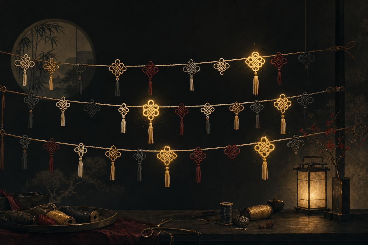 Rows of glowing woven knots along silk cords in a dark workshop, repeating Chinese grammar patterns made visible