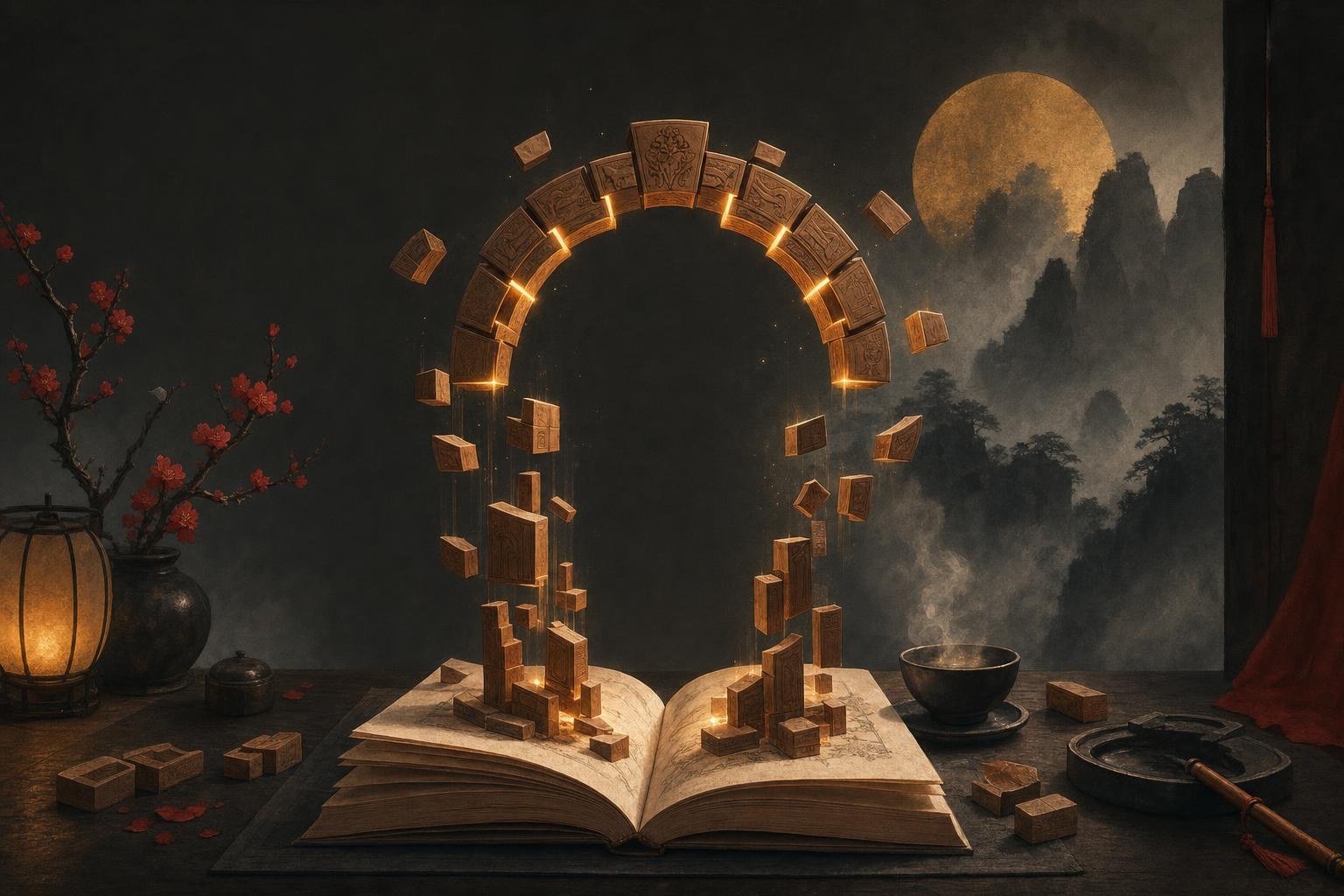A dark scholar's desk where floating wooden blocks assemble into an archway of golden light, Chinese grammar fitting together