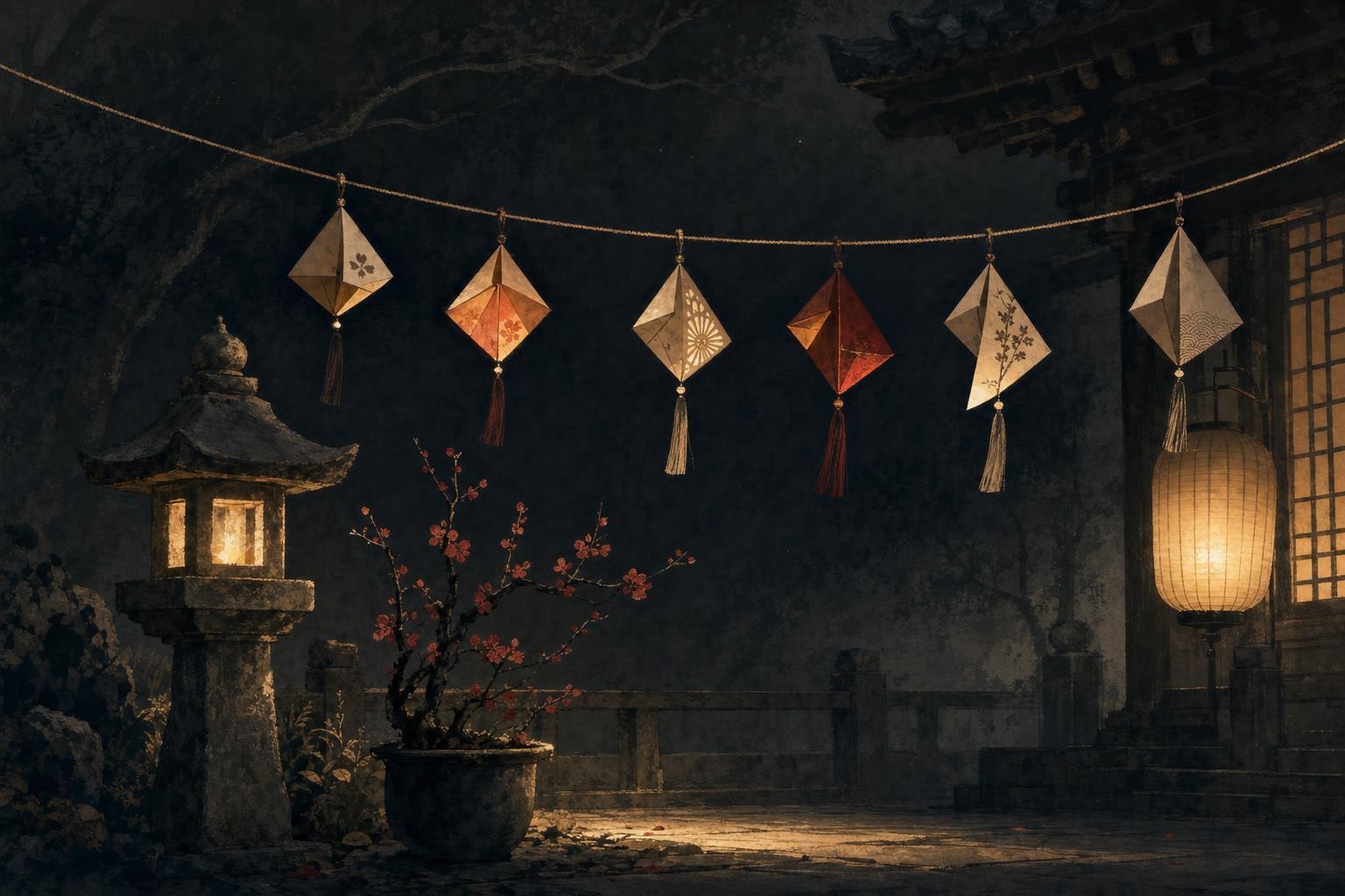 Small glowing paper charms hung along a cord over a night courtyard, each one tilting a lantern's light differently, Chinese particles at work