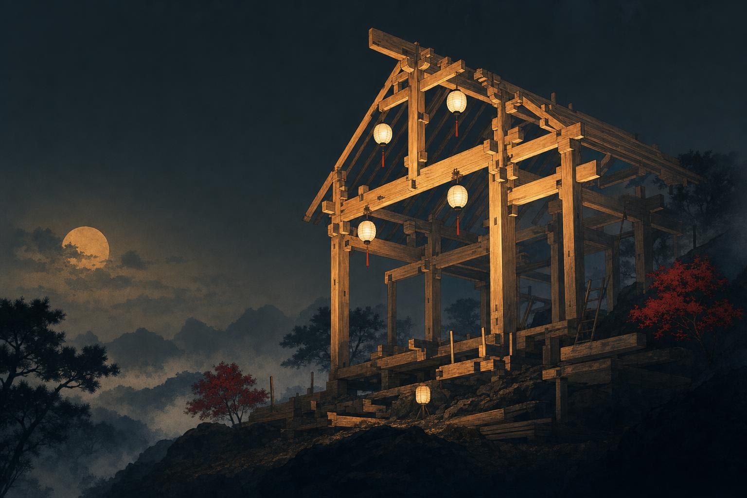 A timber frame of glowing beams rising over a dark valley, the fixed shape of Chinese sentence structure