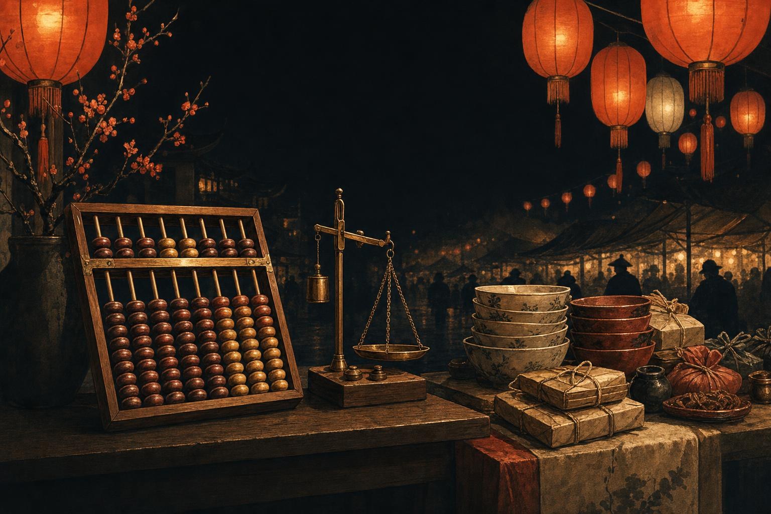 Wooden abacus and brass scale on a night-market counter with hanging lanterns