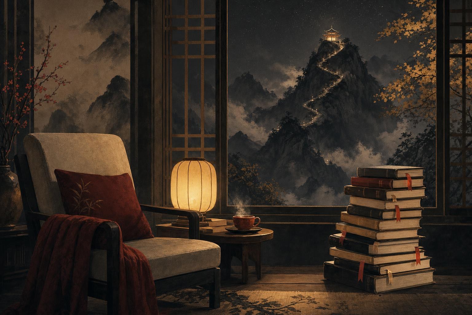 Cozy reading nook with stacked books, tea, and a lantern by a lattice window