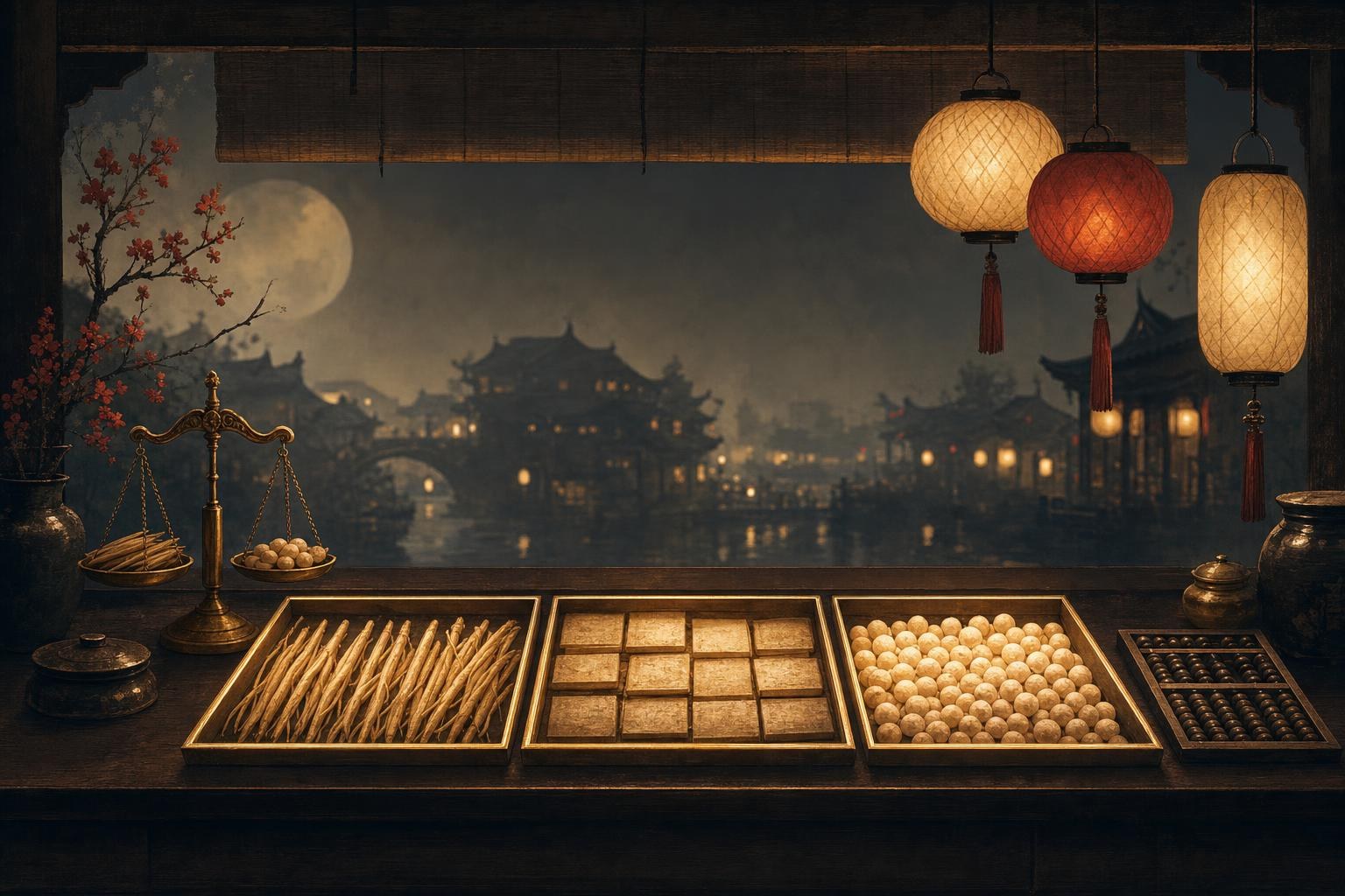 A night-market counter with goods sorted into glowing trays by shape, long items, flat items, round items, the logic of Chinese measure words