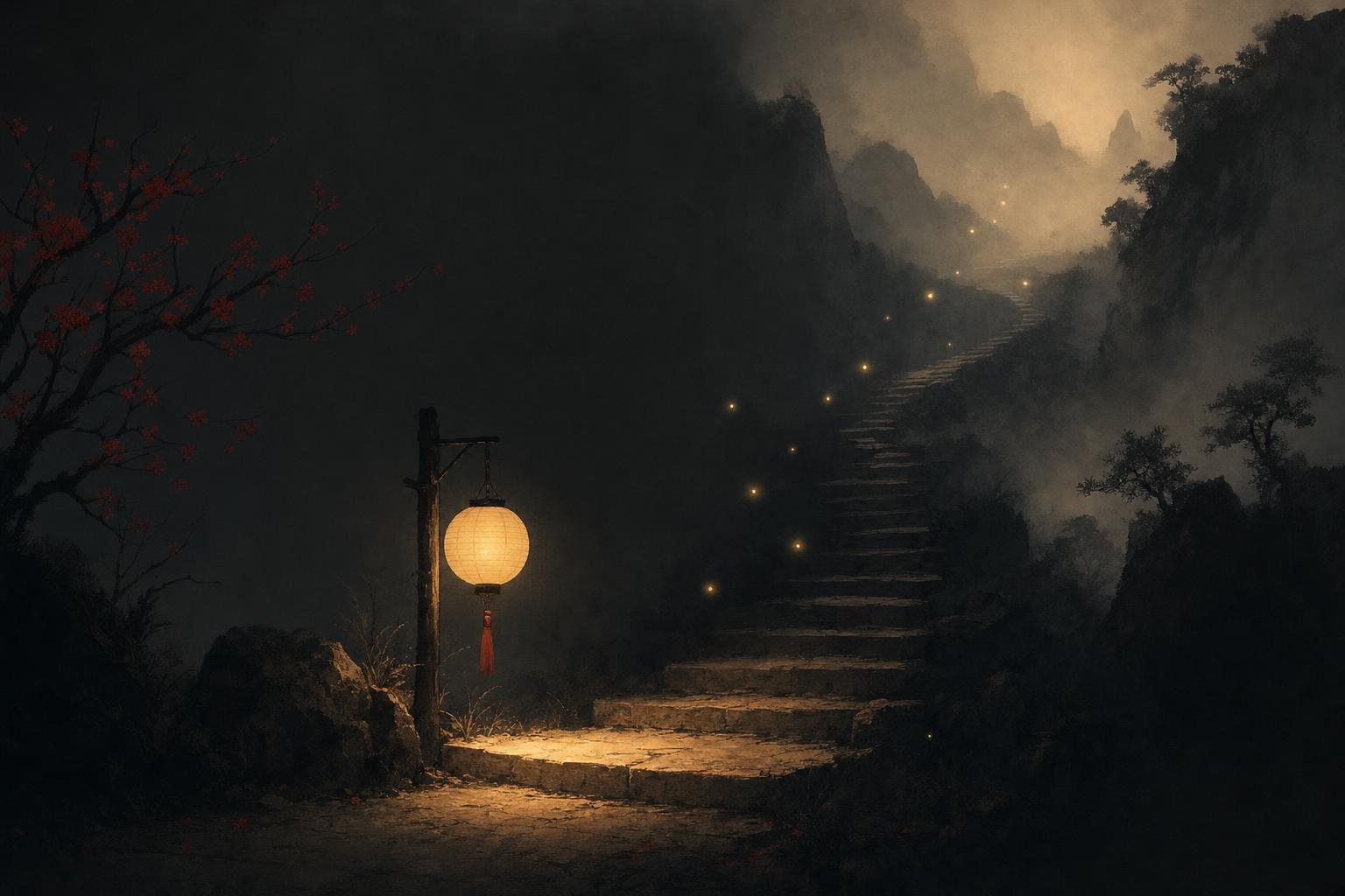 A single glowing lantern lighting the first stone step of a mountain path, the first words of HSK 1 vocabulary