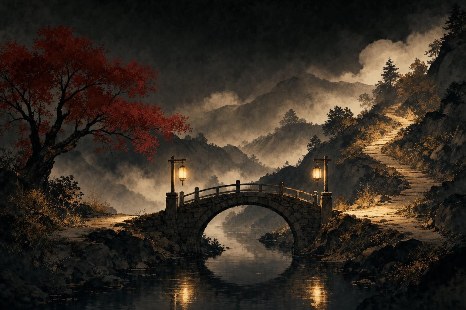 Two lanterns on a stone bridge crossing a quiet stream at night, the second stage of the HSK 2 vocabulary list