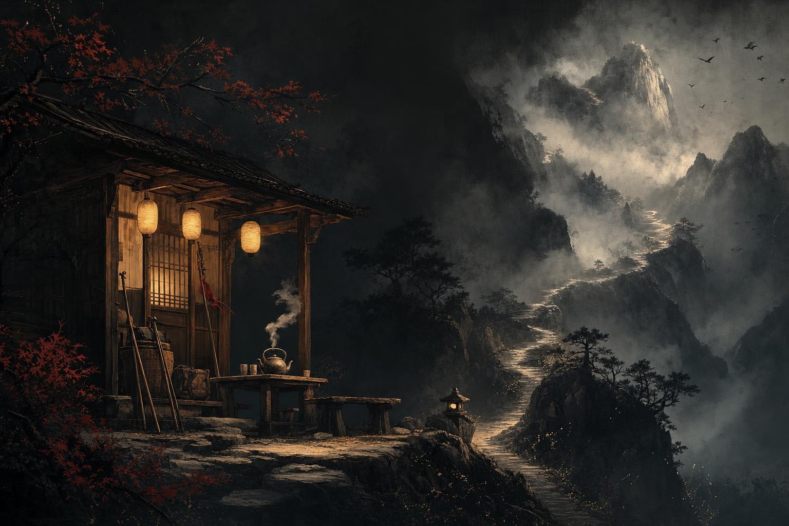 A lantern-lit tea house resting spot partway up a mountain trail, the milestone of HSK 3 vocabulary