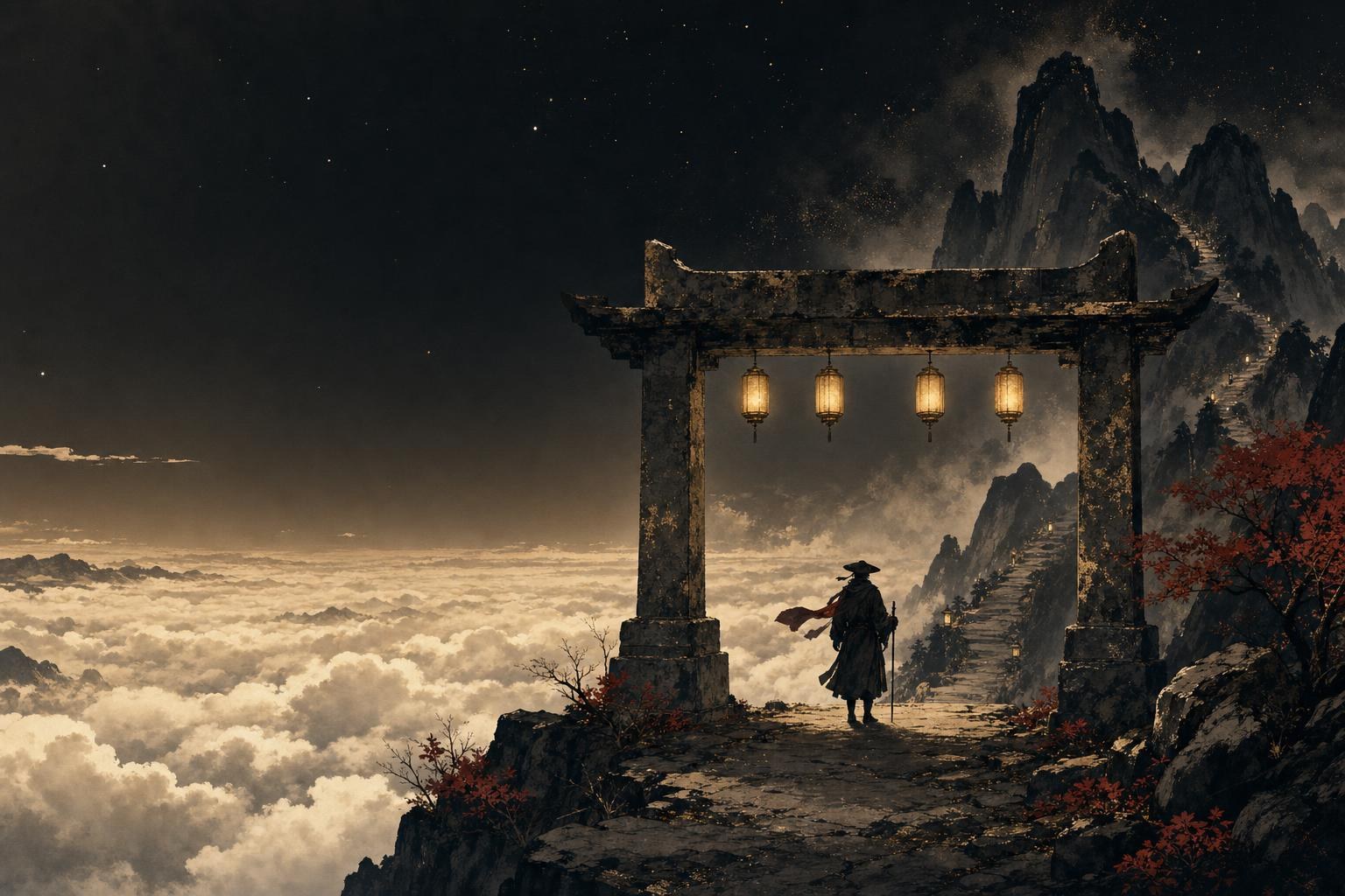 A mountain gate at the halfway point of a climbing path with clouds below, reaching the HSK 4 vocabulary milestone