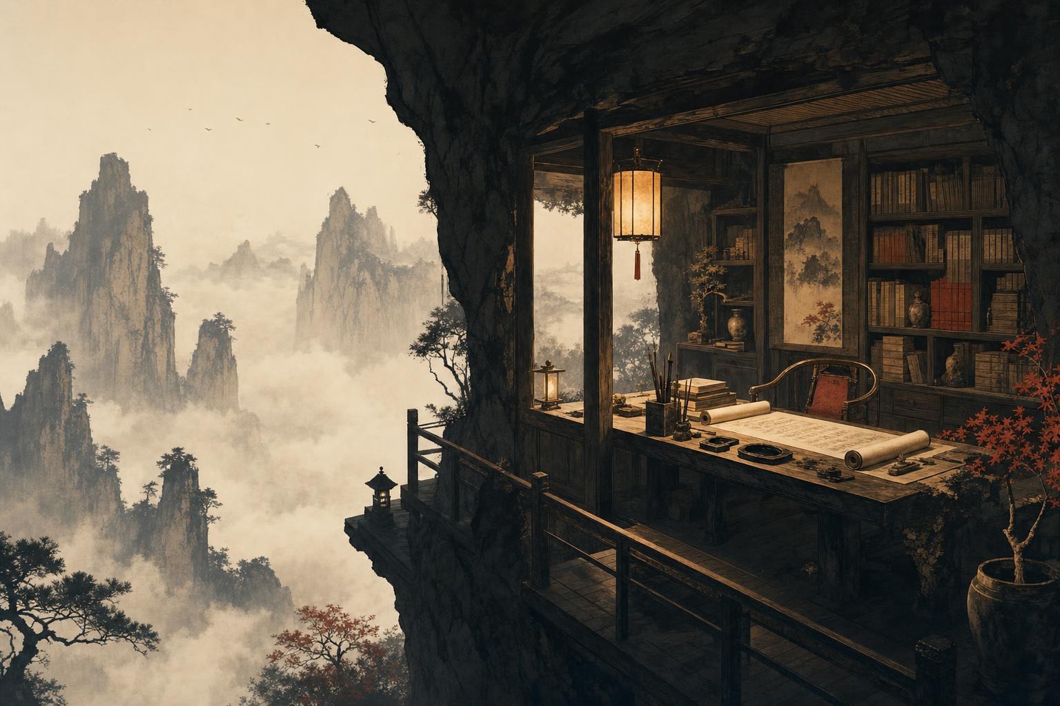 A scholar's study lit by lanterns high on a cliff with scrolls and ink stone, the deep work of HSK 5 vocabulary