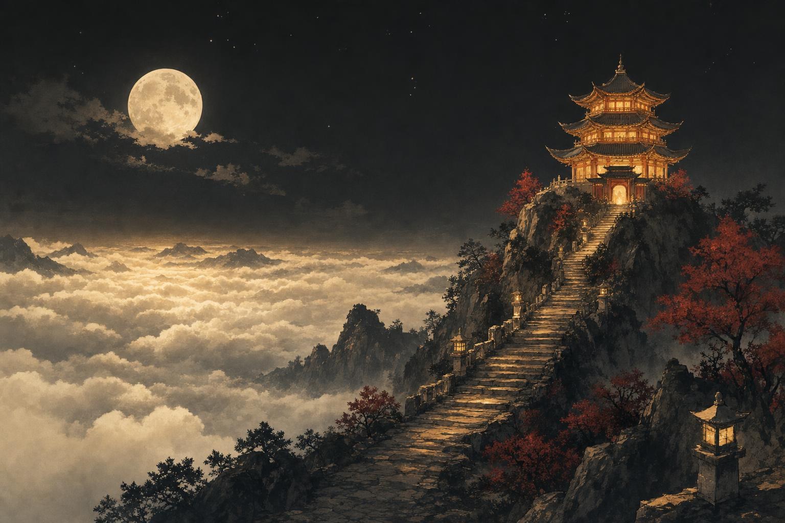 A pagoda near a mountain summit glowing above a sea of clouds at night, approaching the peak of HSK 6 vocabulary
