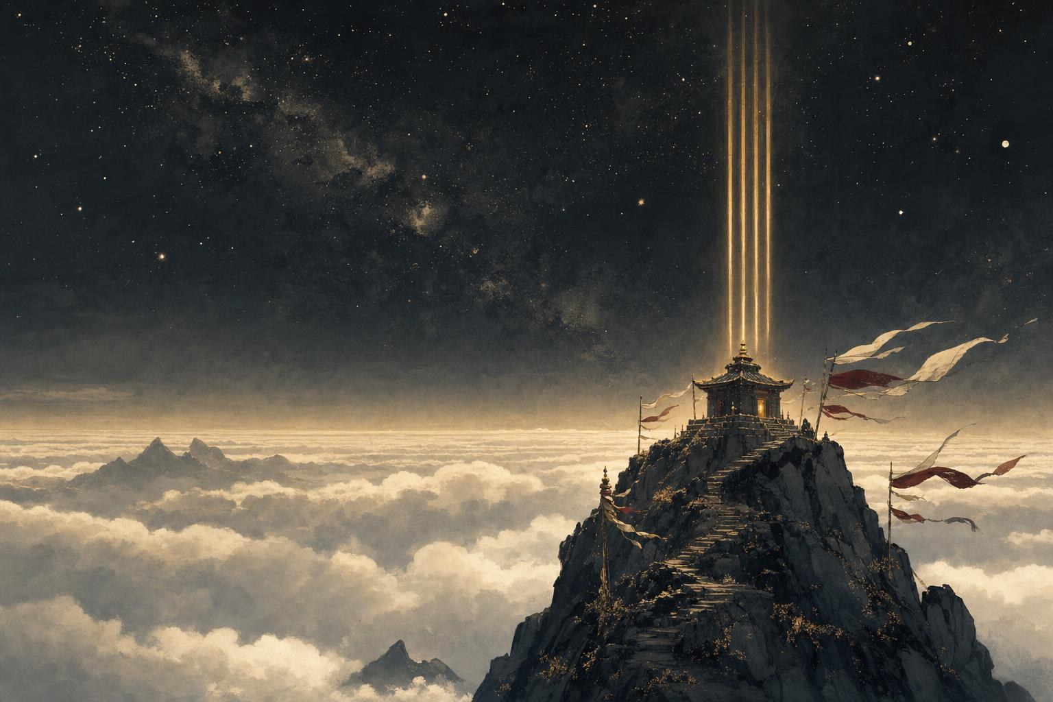 A summit shrine above the clouds with three beams of golden light rising into the stars, the HSK 7-9 vocabulary summit