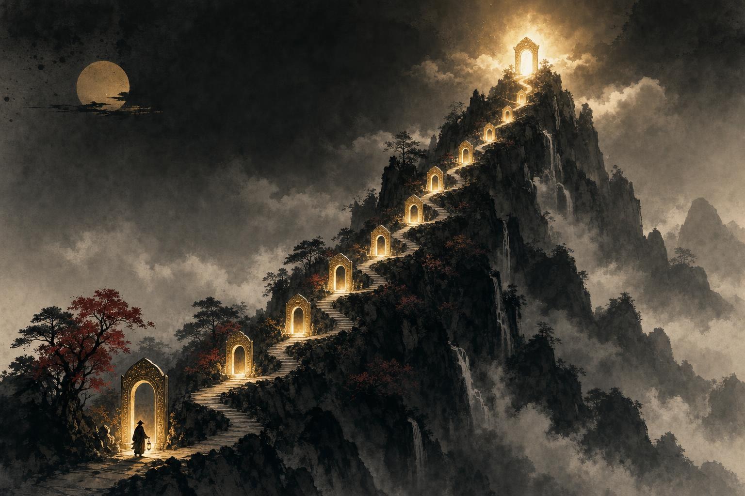 Nine glowing gates ascending a misty mountain path at night, the nine HSK levels rising toward the summit