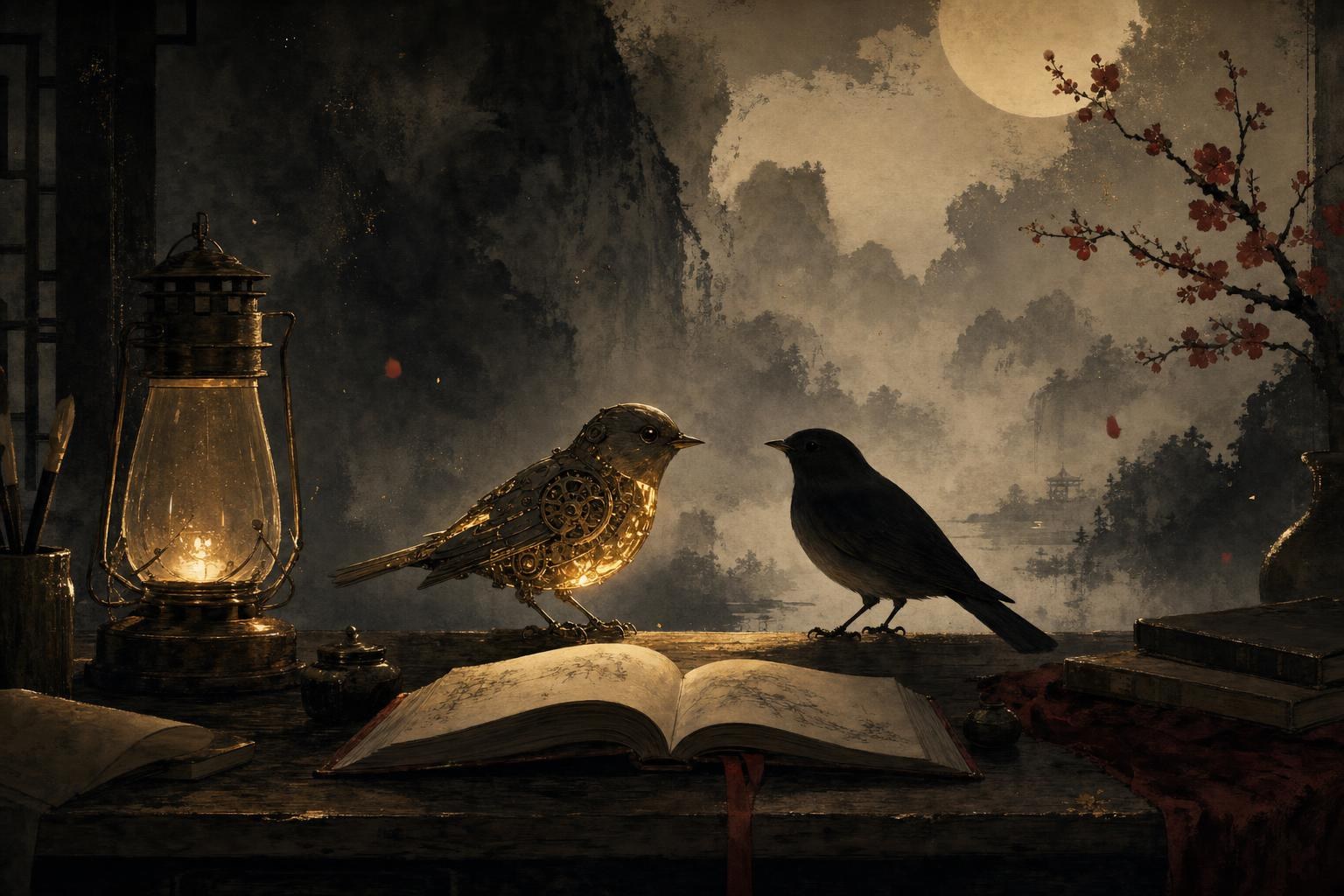 A glowing mechanical songbird beside a real bird on a scholar's desk, an AI-based Chinese learning app compared with a human teacher