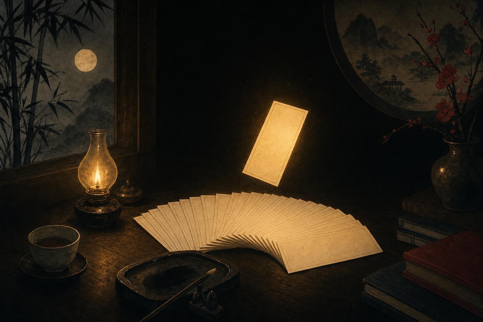 A fan of blank study cards glowing under lantern light on a dark scholar's desk, the nightly rhythm of chinese flashcards review
