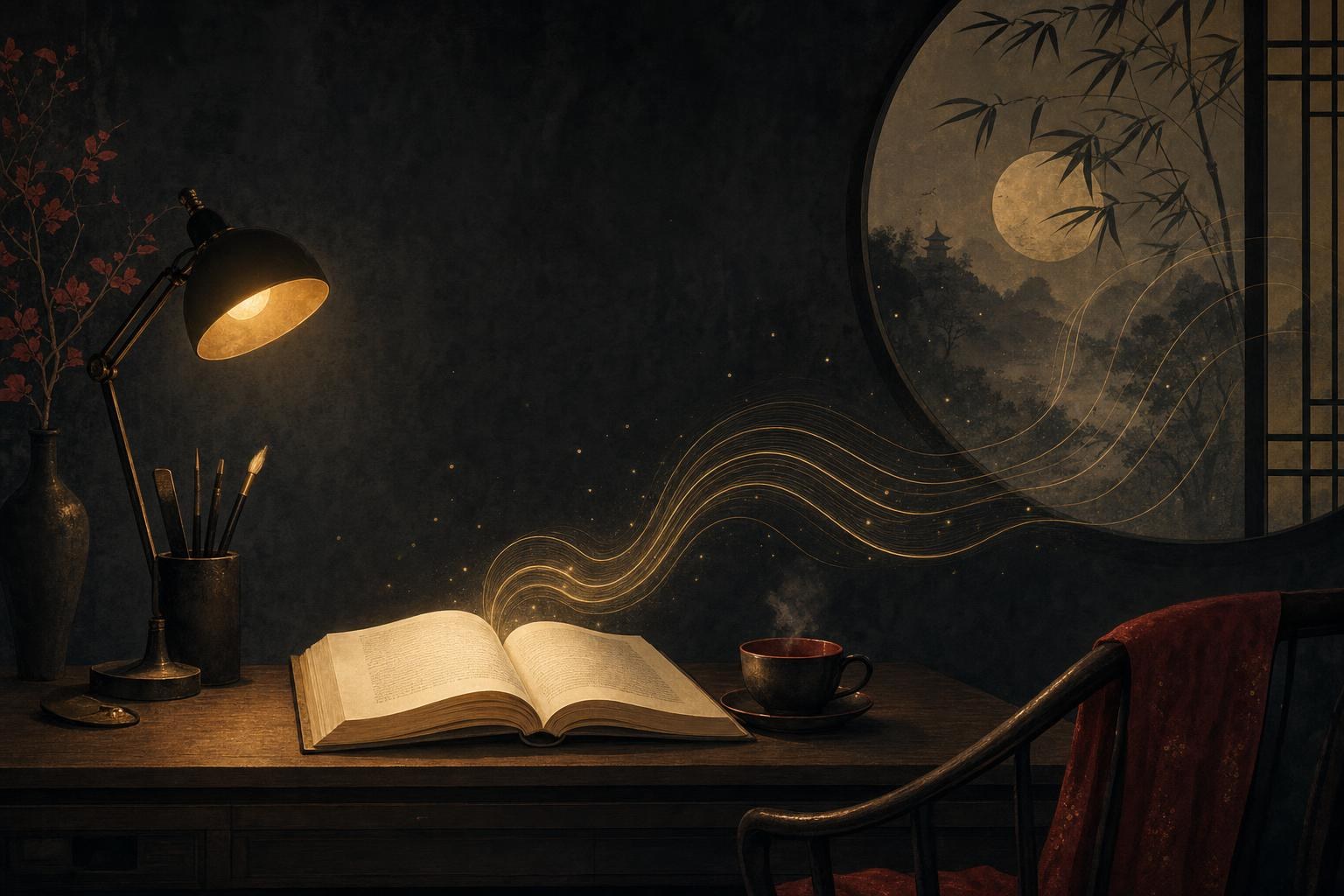 An open storybook on a desk with golden sound ripples rising from the page, reviewing the Du Chinese graded reading app