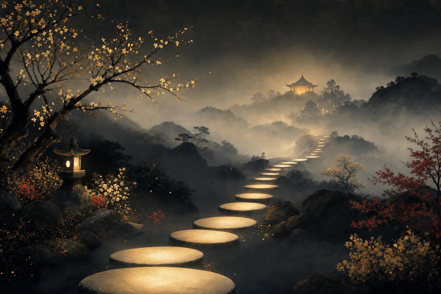 A garden path of wide glowing stepping stones that narrows into mist, reviewing how far the HelloChinese app takes you