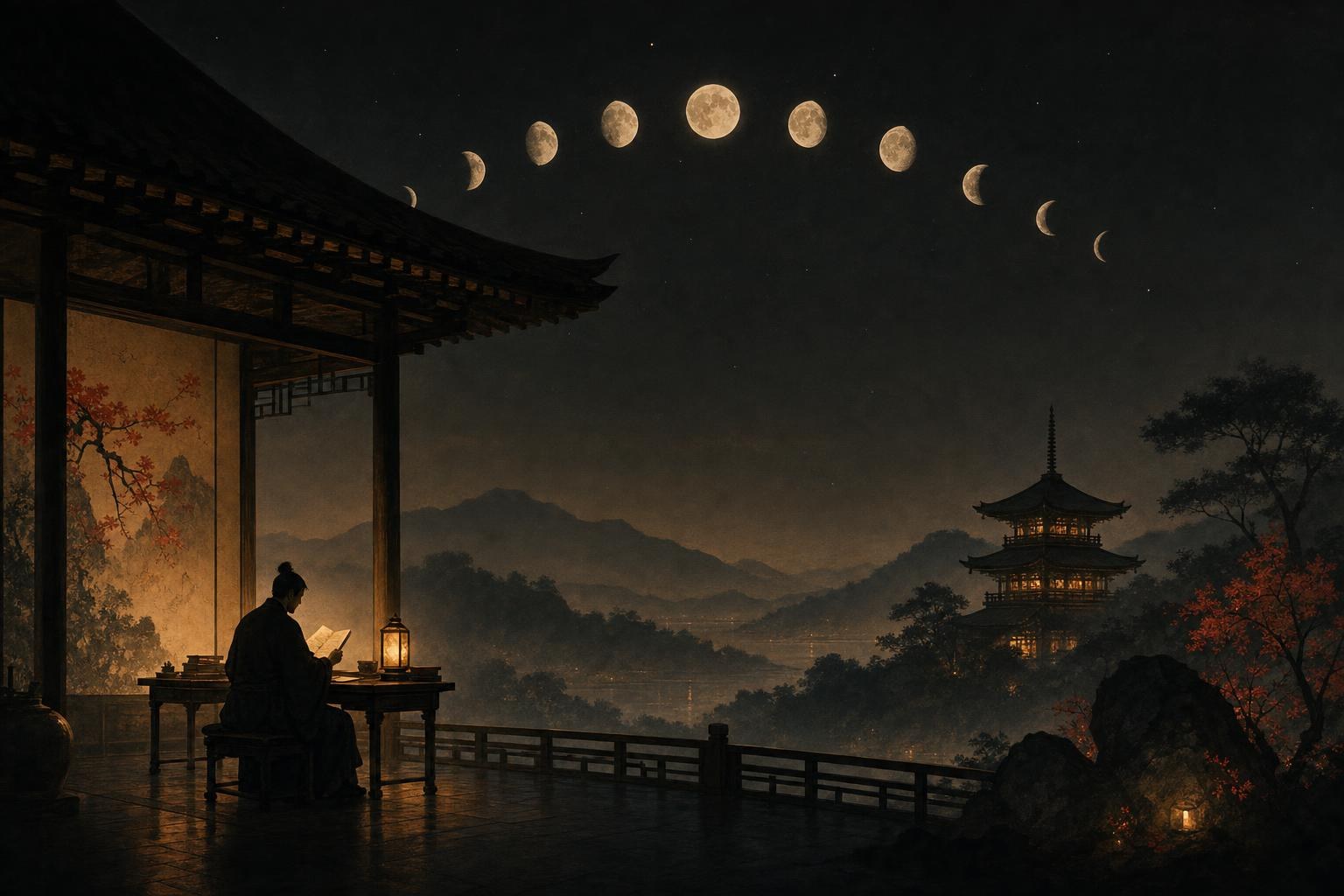 Moon phases arcing over a pagoda while a figure studies by lamplight, the timeline of how long it takes to learn Chinese