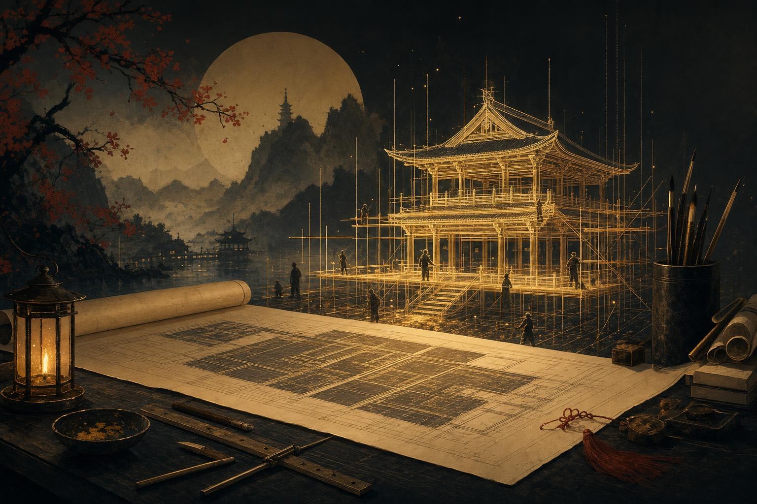 An architect's glowing blueprint of a Chinese character unfolding into a lantern-lit pavilion, a Mandarin Blueprint review