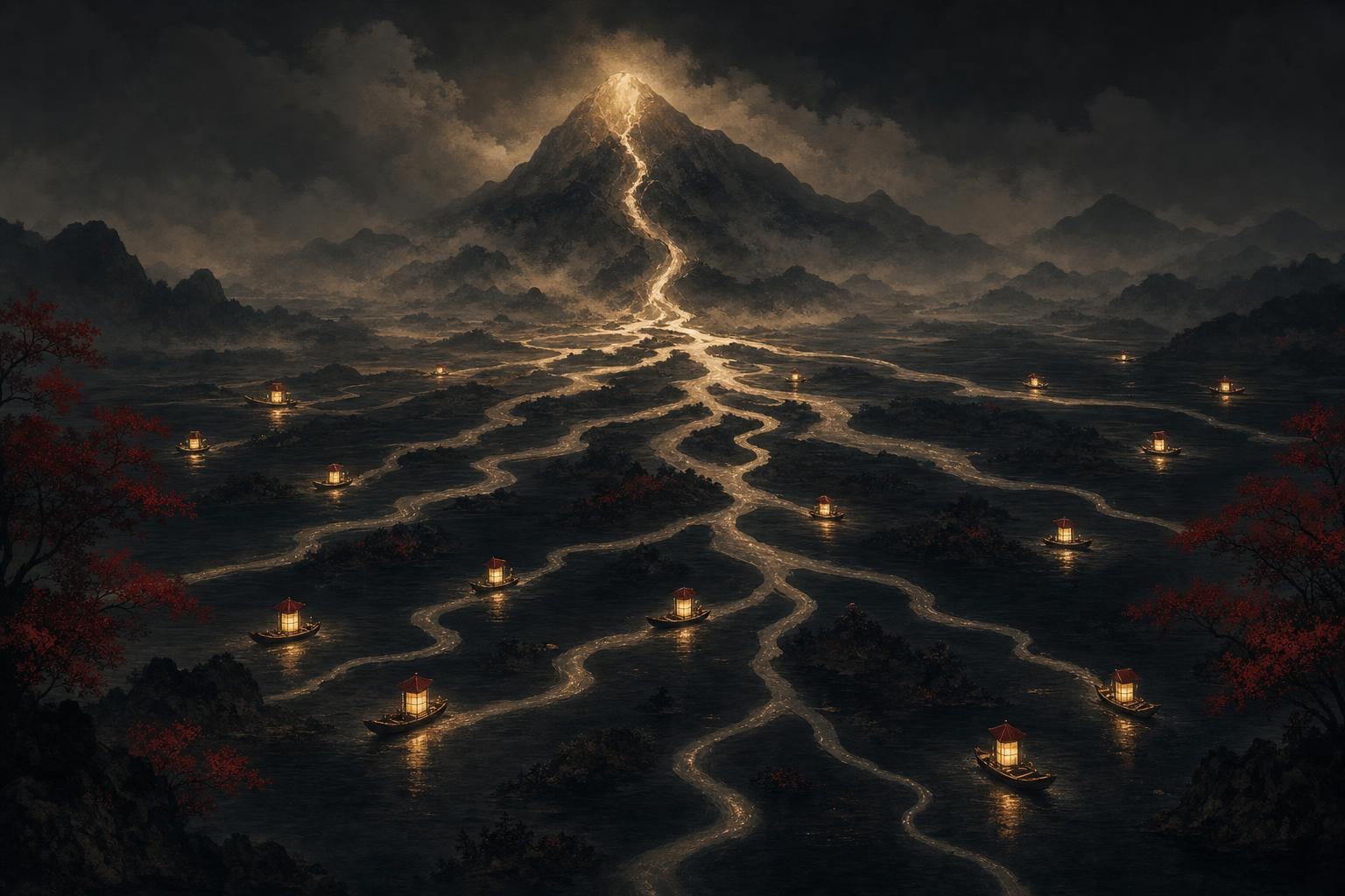 Lantern boats drifting down many branching streams from one mountain source, the branching family of chinese dialects